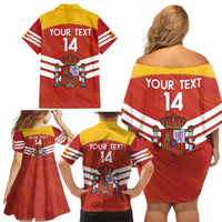 Custom Spain Football Family Matching Off Shoulder Short Dress and Hawaiian Shirt Summer 2024 La Roja - Wonder Print Shop