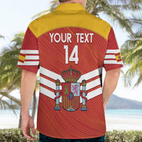Red Spain football Hawaiian shirt with yellow collar, 'YOUR TEXT 14' on back with crest