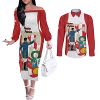 Peru Independence Day Couples Matching Off The Shoulder Long Sleeve Dress and Long Sleeve Button Shirt Jose de San Martin Fiestas Patrias