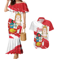 Fiestas Patrias de Peru Couples Matching Mermaid Dress and Hawaiian Shirt Coat Of Arms With Cute Alpaca Face