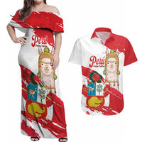 Fiestas Patrias de Peru Couples Matching Off Shoulder Maxi Dress and Hawaiian Shirt Coat Of Arms With Cute Alpaca Face