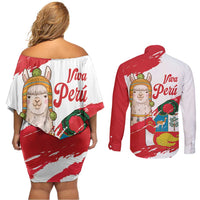 Fiestas Patrias de Peru Couples Matching Off Shoulder Short Dress and Long Sleeve Button Shirt Coat Of Arms With Cute Alpaca Face