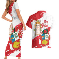 Fiestas Patrias de Peru Couples Matching Short Sleeve Bodycon Dress and Hawaiian Shirt Coat Of Arms With Cute Alpaca Face
