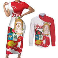 Fiestas Patrias de Peru Couples Matching Short Sleeve Bodycon Dress and Long Sleeve Button Shirt Coat Of Arms With Cute Alpaca Face