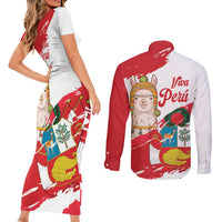 Fiestas Patrias de Peru Couples Matching Short Sleeve Bodycon Dress and Long Sleeve Button Shirt Coat Of Arms With Cute Alpaca Face