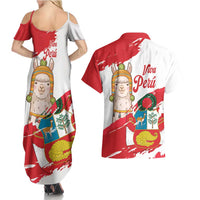 Fiestas Patrias de Peru Couples Matching Summer Maxi Dress and Hawaiian Shirt Coat Of Arms With Cute Alpaca Face