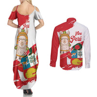Fiestas Patrias de Peru Couples Matching Summer Maxi Dress and Long Sleeve Button Shirt Coat Of Arms With Cute Alpaca Face