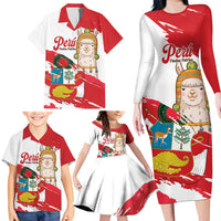 Fiestas Patrias de Peru Family Matching Long Sleeve Bodycon Dress and Hawaiian Shirt Coat Of Arms With Cute Alpaca Face