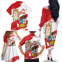 Fiestas Patrias de Peru Family Matching Off The Shoulder Long Sleeve Dress and Hawaiian Shirt Coat Of Arms With Cute Alpaca Face