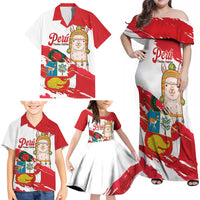 Fiestas Patrias de Peru Family Matching Off Shoulder Maxi Dress and Hawaiian Shirt Coat Of Arms With Cute Alpaca Face