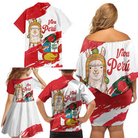 Fiestas Patrias de Peru Family Matching Off Shoulder Short Dress and Hawaiian Shirt Coat Of Arms With Cute Alpaca Face