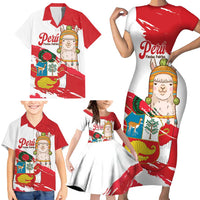 Fiestas Patrias de Peru Family Matching Short Sleeve Bodycon Dress and Hawaiian Shirt Coat Of Arms With Cute Alpaca Face