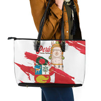 Fiestas Patrias de Peru Leather Tote Bag Coat Of Arms With Cute Alpaca Face