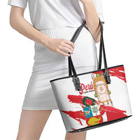 Fiestas Patrias de Peru Leather Tote Bag Coat Of Arms With Cute Alpaca Face