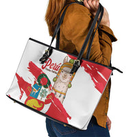 Fiestas Patrias de Peru Leather Tote Bag Coat Of Arms With Cute Alpaca Face