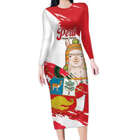 Fiestas Patrias de Peru Long Sleeve Bodycon Dress Coat Of Arms With Cute Alpaca Face