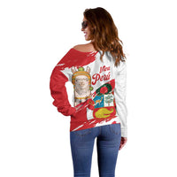 Fiestas Patrias de Peru Off Shoulder Sweater Coat Of Arms With Cute Alpaca Face