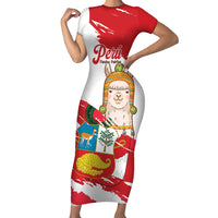Fiestas Patrias de Peru Short Sleeve Bodycon Dress Coat Of Arms With Cute Alpaca Face
