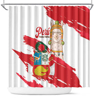Fiestas Patrias de Peru Shower Curtain Coat Of Arms With Cute Alpaca Face