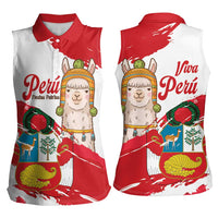 Fiestas Patrias de Peru Women Sleeveless Polo Shirt Coat Of Arms With Cute Alpaca Face