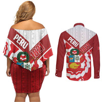 Peru 1821 Proud Couples Matching Off Shoulder Short Dress and Long Sleeve Button Shirt National Day Peruvian Pattern