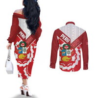 Peru 1821 Proud Couples Matching Off The Shoulder Long Sleeve Dress and Long Sleeve Button Shirt National Day Peruvian Pattern
