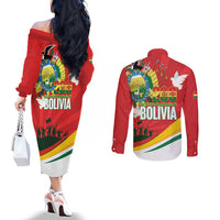 Bolivia Independence Day Couples Matching Off The Shoulder Long Sleeve Dress and Long Sleeve Button Shirt 200 Anos Dia de la Independencia