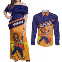 Custom Netherlands Cricket Couples Matching Off Shoulder Maxi Dress and Long Sleeve Button Shirt Go Flying Dutchmen Lion Mascot - Wonder Print Shop