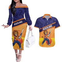 Custom Netherlands Cricket Couples Matching Off The Shoulder Long Sleeve Dress and Hawaiian Shirt Go Flying Dutchmen Lion Mascot - Wonder Print Shop