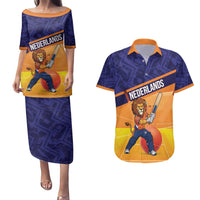 Custom Netherlands Cricket Couples Matching Puletasi and Hawaiian Shirt Go Flying Dutchmen Lion Mascot - Wonder Print Shop