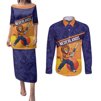 Custom Netherlands Cricket Couples Matching Puletasi and Long Sleeve Button Shirt Go Flying Dutchmen Lion Mascot - Wonder Print Shop
