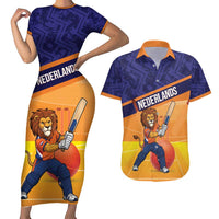 Custom Netherlands Cricket Couples Matching Short Sleeve Bodycon Dress and Hawaiian Shirt Go Flying Dutchmen Lion Mascot - Wonder Print Shop