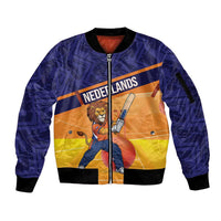 Custom Netherlands Cricket Sleeve Zip Bomber Jacket Go Flying Dutchmen Lion Mascot - Wonder Print Shop