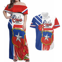 Personalized Chile Independence Day Couples Matching Off Shoulder Maxi Dress and Hawaiian Shirt Chilean Coat Of Arms Copihue Flag Style - Wonder Print Shop