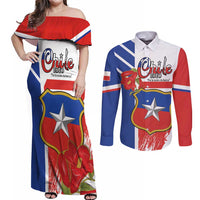Personalized Chile Independence Day Couples Matching Off Shoulder Maxi Dress and Long Sleeve Button Shirt Chilean Coat Of Arms Copihue Flag Style - Wonder Print Shop