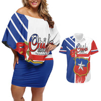Personalized Chile Independence Day Couples Matching Off Shoulder Short Dress and Hawaiian Shirt Chilean Coat Of Arms Copihue Flag Style - Wonder Print Shop