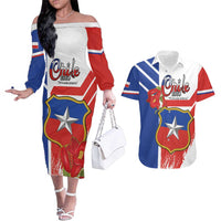 Personalized Chile Independence Day Couples Matching Off The Shoulder Long Sleeve Dress and Hawaiian Shirt Chilean Coat Of Arms Copihue Flag Style - Wonder Print Shop