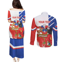 Personalized Chile Independence Day Couples Matching Puletasi and Long Sleeve Button Shirt Chilean Coat Of Arms Copihue Flag Style - Wonder Print Shop