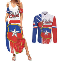Personalized Chile Independence Day Couples Matching Summer Maxi Dress and Long Sleeve Button Shirt Chilean Coat Of Arms Copihue Flag Style - Wonder Print Shop