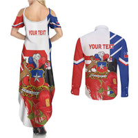 Personalized Chile Independence Day Couples Matching Summer Maxi Dress and Long Sleeve Button Shirt Chilean Coat Of Arms Copihue Flag Style - Wonder Print Shop