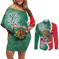Personalized Mexico Independence Day Couples Matching Off Shoulder Short Dress and Long Sleeve Button Shirt 16 De Septiembre Mexican Aztec - Wonder Print Shop