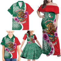 Personalized Mexico Independence Day Family Matching Off Shoulder Maxi Dress and Hawaiian Shirt 16 De Septiembre Mexican Aztec - Wonder Print Shop