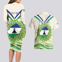 Personalised Lesotho Independence Day Couples Matching Long Sleeve Bodycon Dress and Hawaiian Shirt Aloe Polyphylla Mix Coat Of Arms - Wonder Print Shop