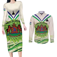 Personalised Lesotho Independence Day Couples Matching Long Sleeve Bodycon Dress and Long Sleeve Button Shirt Aloe Polyphylla Mix Coat Of Arms - Wonder Print Shop