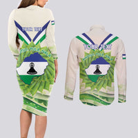Personalised Lesotho Independence Day Couples Matching Long Sleeve Bodycon Dress and Long Sleeve Button Shirt Aloe Polyphylla Mix Coat Of Arms - Wonder Print Shop
