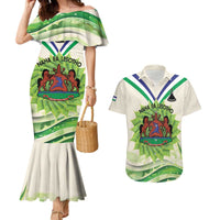 Personalised Lesotho Independence Day Couples Matching Mermaid Dress and Hawaiian Shirt Aloe Polyphylla Mix Coat Of Arms - Wonder Print Shop