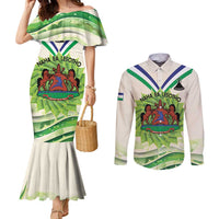 Personalised Lesotho Independence Day Couples Matching Mermaid Dress and Long Sleeve Button Shirt Aloe Polyphylla Mix Coat Of Arms