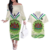 Personalised Lesotho Independence Day Couples Matching Off The Shoulder Long Sleeve Dress and Hawaiian Shirt Aloe Polyphylla Mix Coat Of Arms - Wonder Print Shop