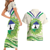Personalised Lesotho Independence Day Couples Matching Short Sleeve Bodycon Dress and Hawaiian Shirt Aloe Polyphylla Mix Coat Of Arms - Wonder Print Shop