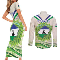 Personalised Lesotho Independence Day Couples Matching Short Sleeve Bodycon Dress and Long Sleeve Button Shirt Aloe Polyphylla Mix Coat Of Arms - Wonder Print Shop